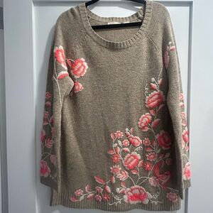 Anthropologie Floral Embroidered Crew Neck Sweater